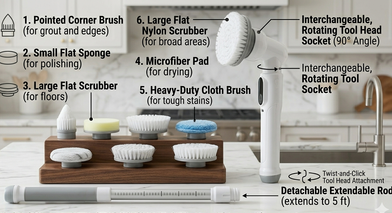 Cordless spin scrubber set with various attachments on a stand, labeled with their uses.