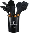 Luxury 12-piece non-stick silicone cooking utensils set with ergonomic wooden handles in a sleek black holder - Zalviro Kitchen Collection.