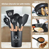 Durable silicone spatulas and ladles being used for non-stick pans, ensuring no scratches on premium cookware.