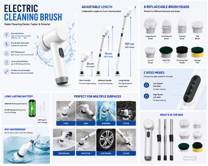 Electric cleaning brush with features and uses displayed on a white background