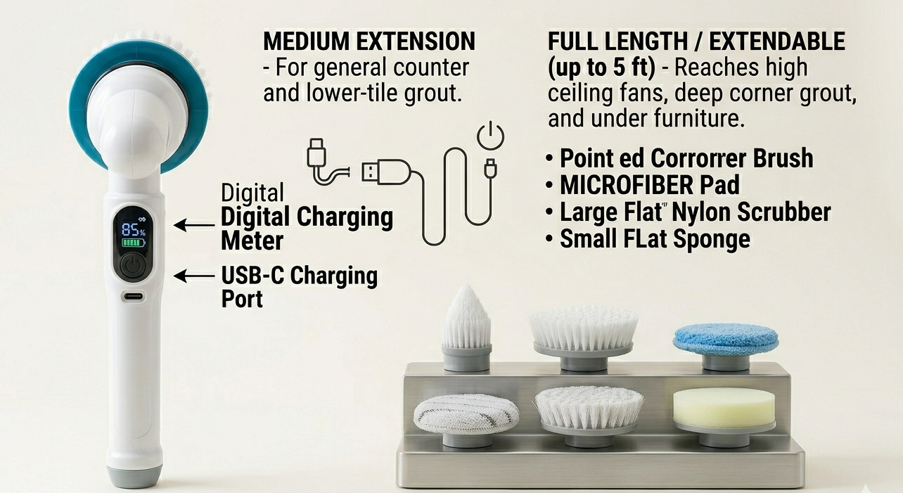 All-in-one cordless spin scrubber set with digital charging meter and USB-C charging port, displayed on a white background.