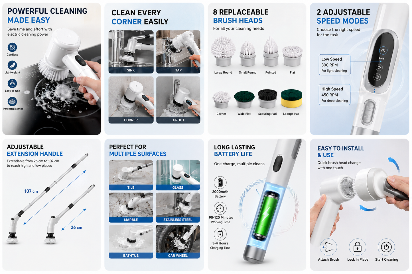 Electric scrubber specifications, attachments, and cleaning features overview – ZALVIRO Click