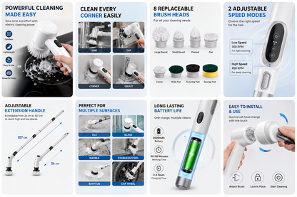 Electric scrubber specifications, attachments, and cleaning features overview – ZALVIRO Click