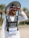 Arab Man in Sunglasses Adjusting the Overhead Curved Sun Shade Canopy Frame Outdoors for Optimal UV Protection