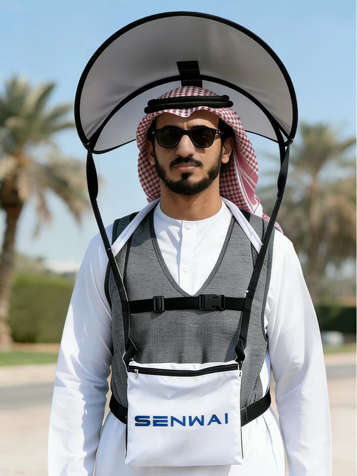Zalviro Wearable Hands Free Sun Shade Umbrella Hat Vest Styled over Traditional Arab Thobe with Senwai Logo Pouch