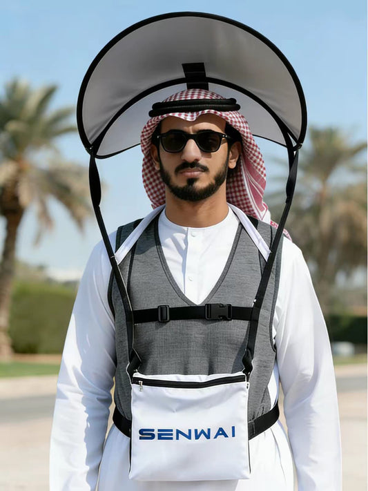 Zalviro Wearable Hands Free Sun Shade Umbrella Hat Vest Styled over Traditional Arab Thobe with Senwai Logo Pouch