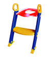 Durable blue and yellow plastic toilet ladder for kids, featuring a soft cushioned seat and height-adjustable steps.