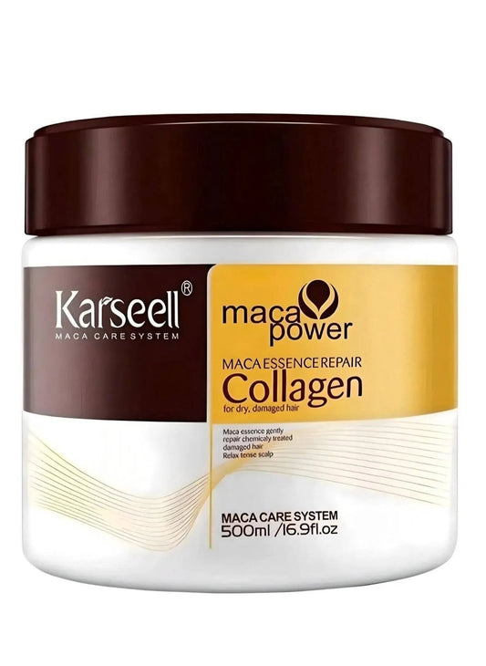 Front view of the official Karseell Maca Power Collagen Hair Mask 500ml jar with its signature white and gold labeling.
