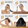Four-step illustrated instruction chart demonstrating how to apply, massage, wait, and rinse the hair mask correctly for ideal results.