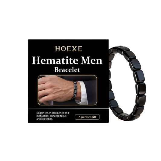 Hoexe Hematite Men Bracelet Featuring Glossy Black Geometric Beads Next to Branded Luxury Gift Card Box Displaying Model Wrist