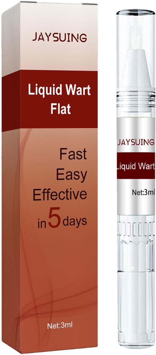 Jaysuing Liquid Wart Flat Remover Pen Showing Three Milliliter Clear Precision Treatment Tube Next To Brown Promotional Packaging Box