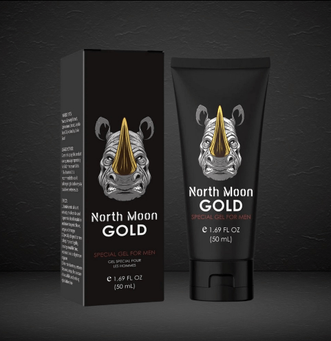 Zalviro North Moon Gold Special Gel For Men In Fifty Milliliter Black Squeeze Tube Next To Corresponding Branded Packaging Box Featuring Gold Rhino Head Graphic
