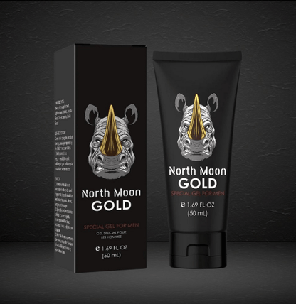 Zalviro North Moon Gold Special Gel For Men In Fifty Milliliter Black Squeeze Tube Next To Corresponding Branded Packaging Box Featuring Gold Rhino Head Graphic