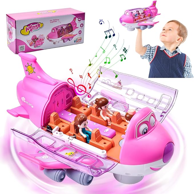 Pink electric musical airplane toy with its internal passenger cabin completely open next to a boy playing.