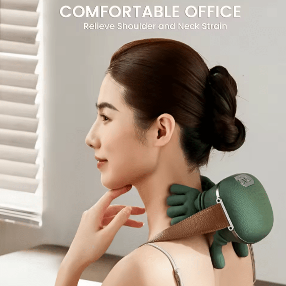 Side View Of Female Model Wearing Dark Green Electric Shoulder and Neck Massager Highlighting Robotic Kneading Nodes and Adjustable Brown Stabilizer Strap